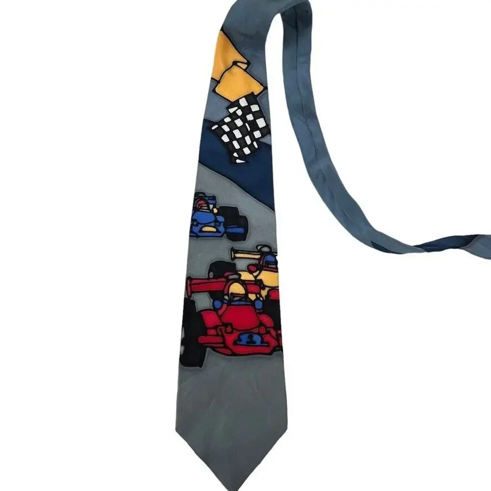 Robert Daskal Hand Painted Hand Sewn Signed Neck Tie Car Racing 100% Silk